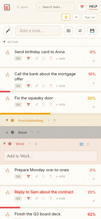 Burning a finished task on the phone: the row goes up in flames and disappears
