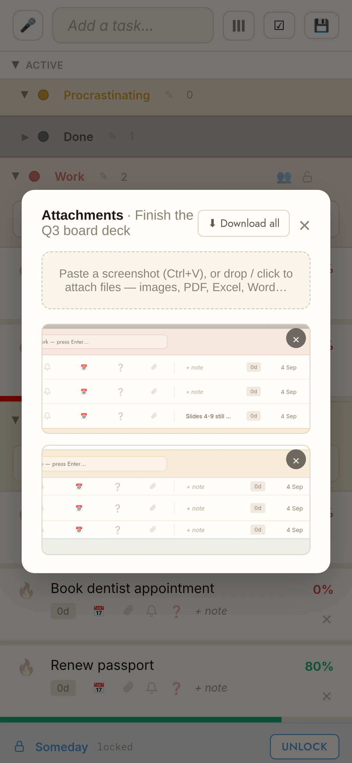 Attachments on a task in TasksPage on the phone: screenshots and files live right next to the task