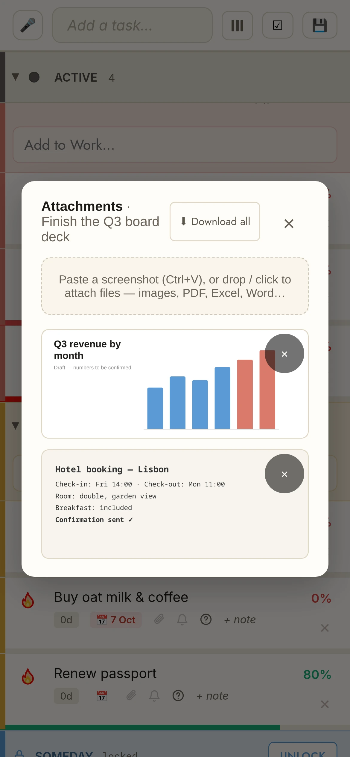 Adjuntos en una tarea de TasksPage en el móvil: capturas y archivos junto a la tarea