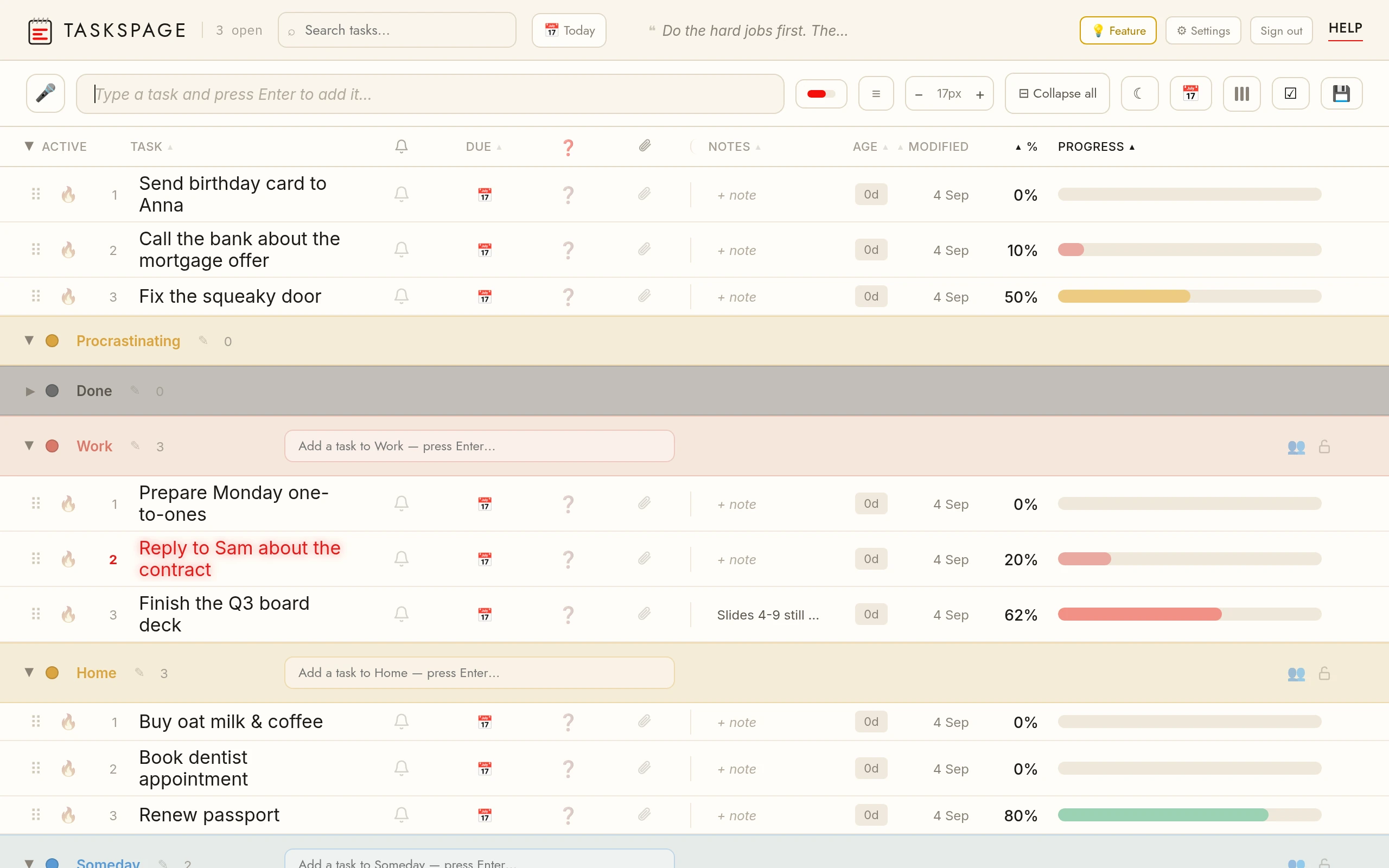 TasksPage on desktop: one page with colour categories, a progress bar on every task and an important task glowing red