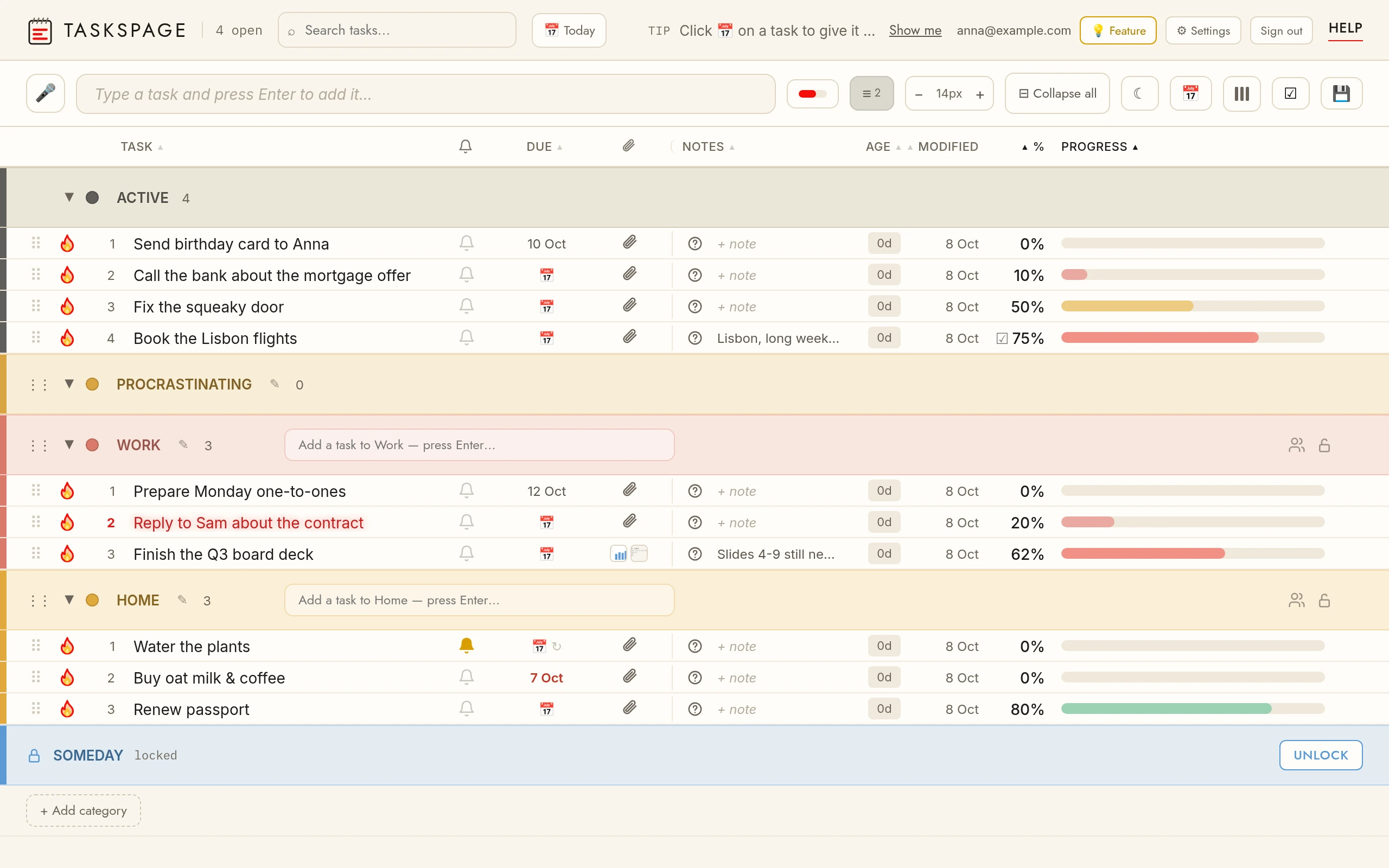 TasksPage on desktop: one page with colour categories, a progress bar on every task and an important task glowing red