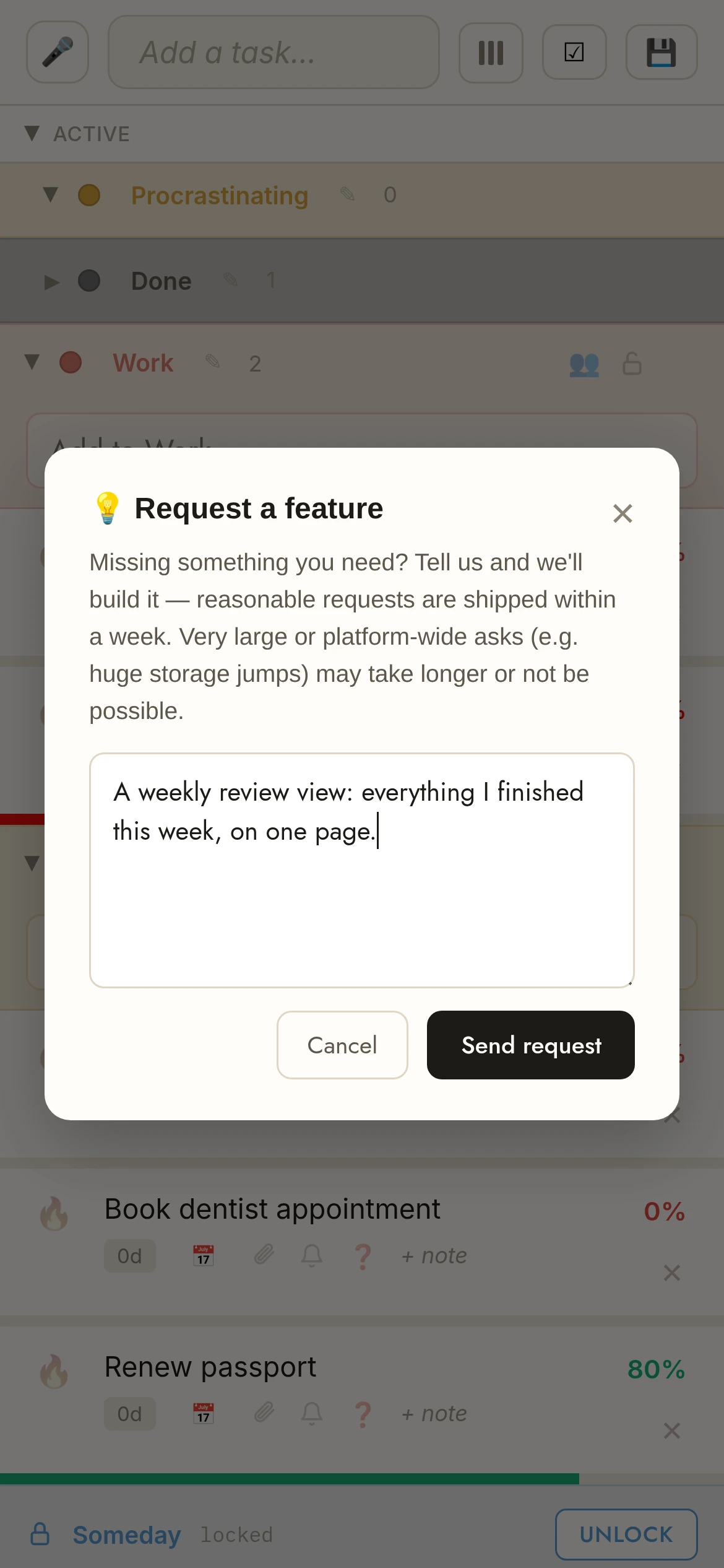 The Request-a-feature form in TasksPage: Pro users describe what they need and reasonable requests ship within a week