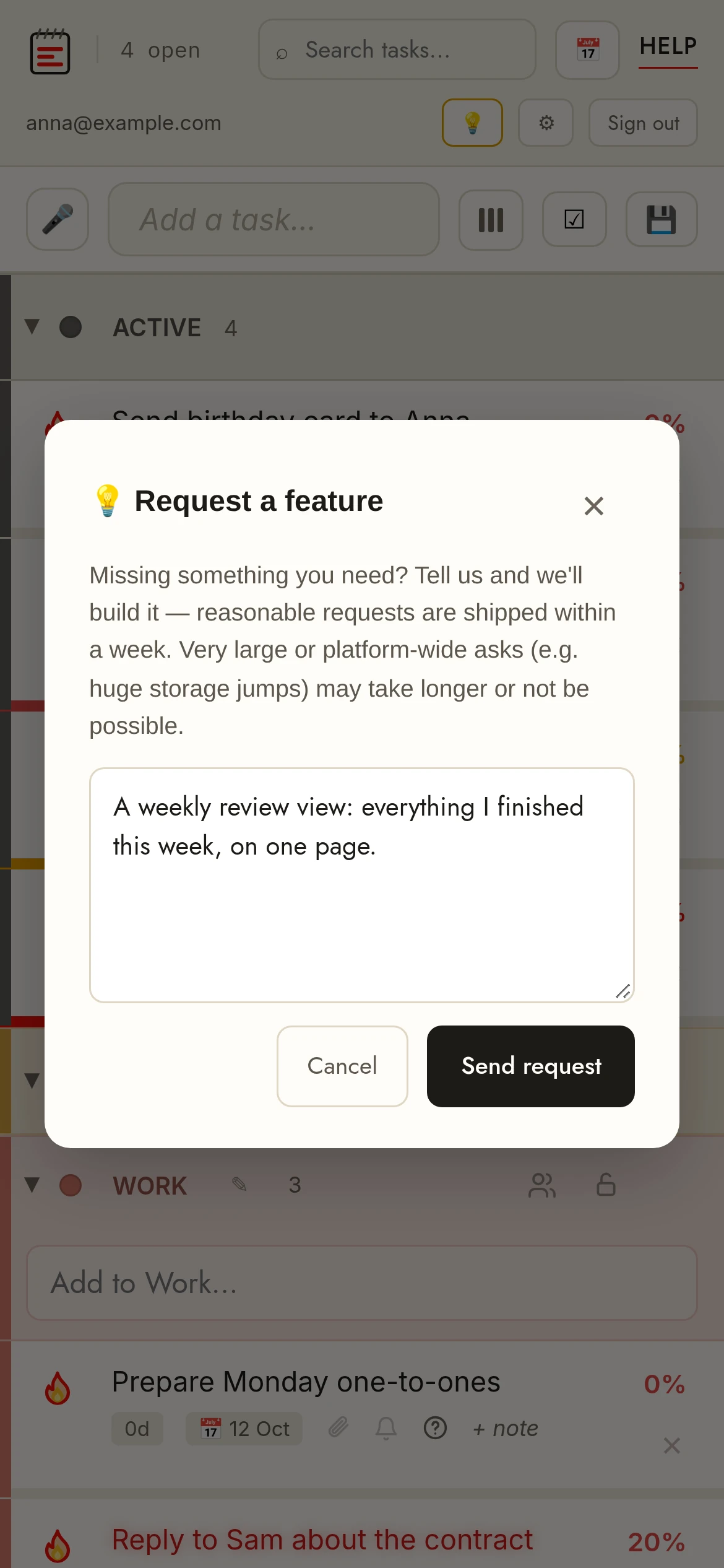 El formulario para pedir una función en TasksPage: los usuarios Pro describen lo que necesitan y las peticiones razonables se publican en una semana