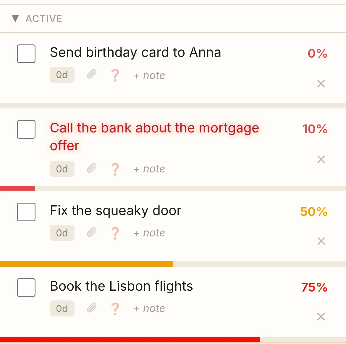 The TasksPage list as it looks today: tasks with checkboxes, a progress percentage on each, notes, attachments and reminders one tap away