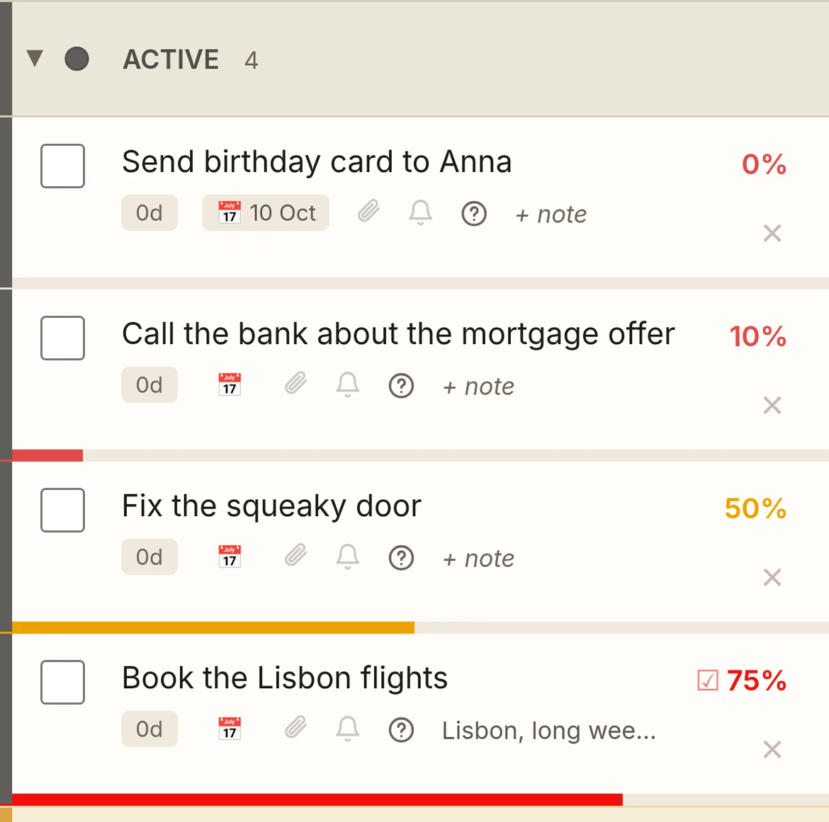 The TasksPage list as it looks today: tasks with checkboxes, a progress percentage on each, notes, attachments and reminders one tap away
