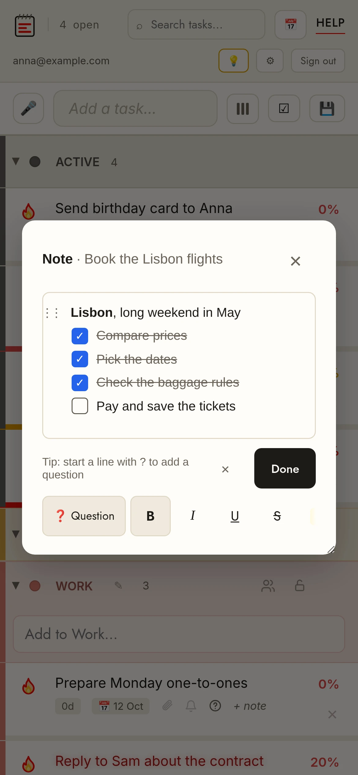 A task note in TasksPage on the phone: bold text, a checklist and the formatting toolbar