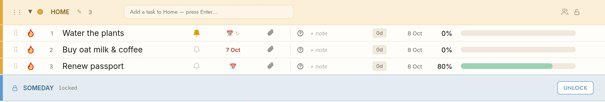 A password-protected category in TasksPage: its tasks stay hidden until it is unlocked