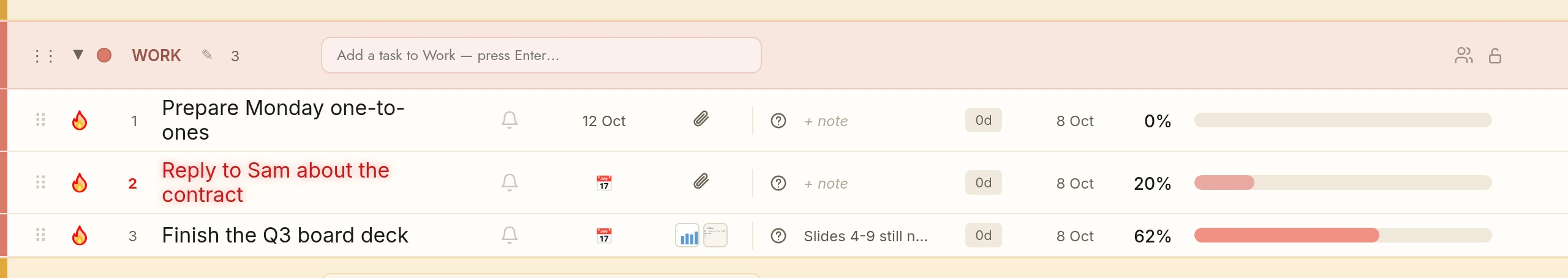 Tasks in TasksPage with progress percentages set by dragging: 62%, 20% and 0%