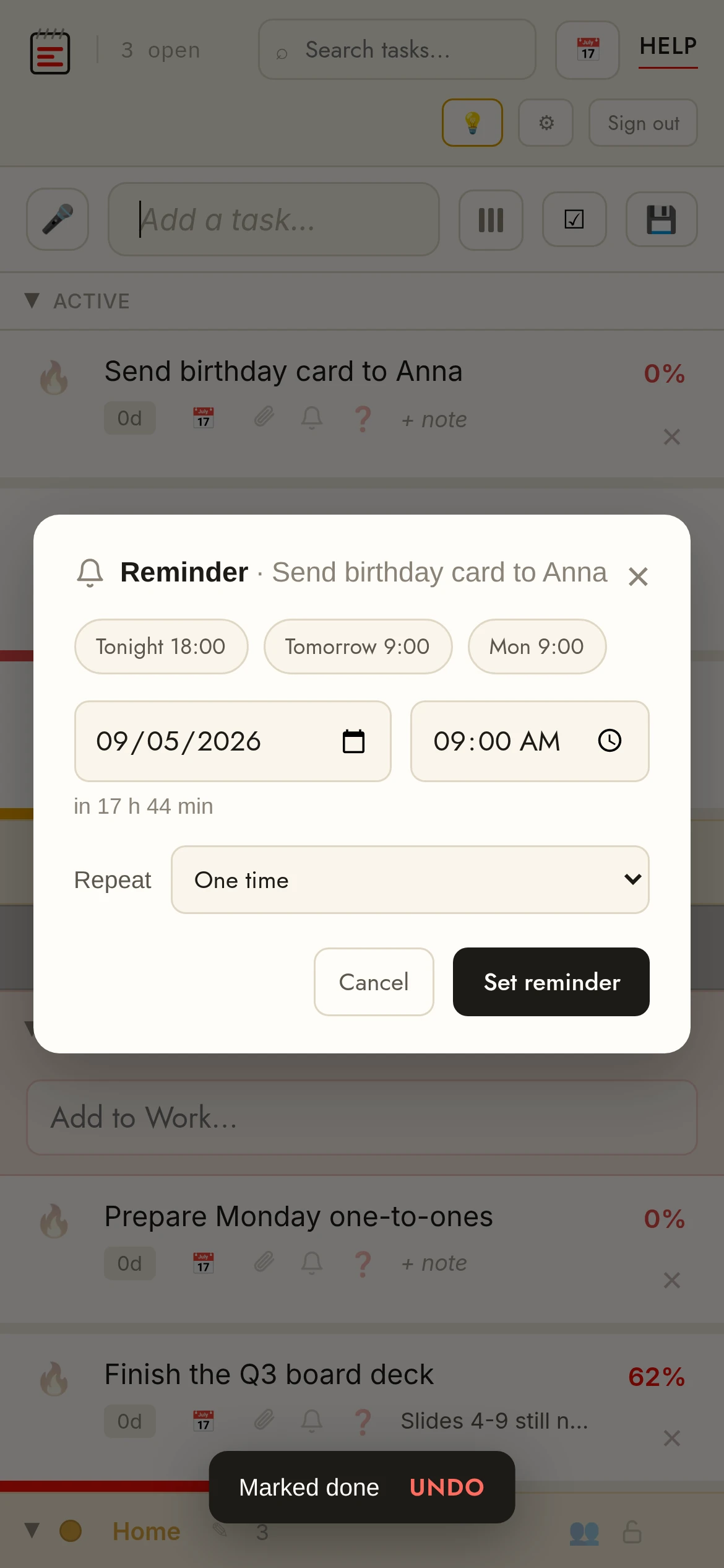 Setting a reminder on a task in TasksPage on the phone: quick options like Tomorrow 9:00, or any date and time